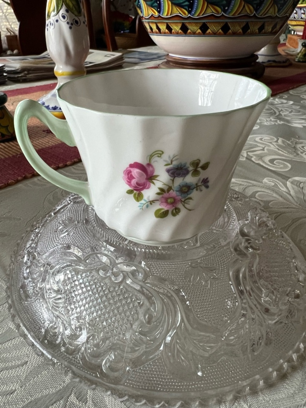 Vintage Floral Porcelain Teacup only, pastel green trim, by Staffordshire Eng. - Picture 3 of 6